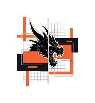 Black and white enlarged dragon head partially cropped for dramatic composition, framed by bold orange rectangular bars and fine black grid lines suggesting