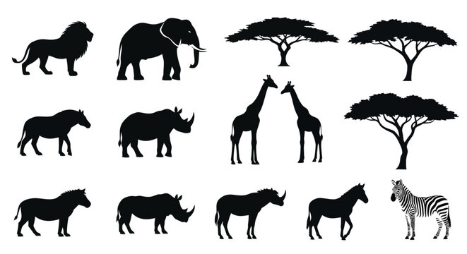 Safari animal silhouettes with trees on white background