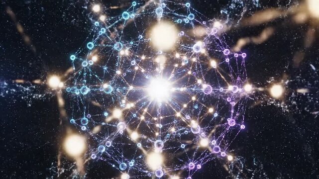 Abstract network of connected nodes and glowing light forming intricate patterns in deep space for technological and scientific visualization