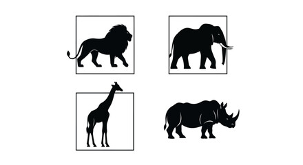 Obraz premium Set of African Wildlife Silhouettes: Lion, Elephant, Giraffe, Rhinoceros