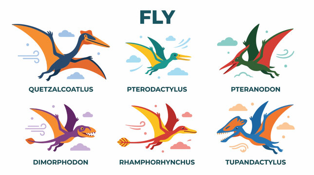 Dinosaur flying reptiles illustration collection including Quetzalcoatlus, Pterodactylus, Pteranodon, Dimorphodon, Rhamphorhynchus, and Tupandactylus, depicted in a cartoon style with wind elements