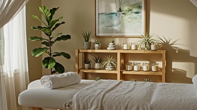 Serene Spa Room with Massage Table and Decor.