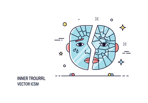 Inner turmoil concept shattered glass reflecting a face split into uneven segments suggesting anxiety and self-doubt. The mirror fragments act as a clear