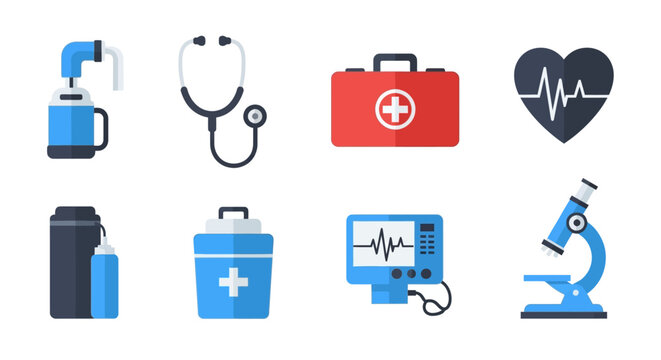 Medical icons set including stethoscope, first aid kit, and microscope