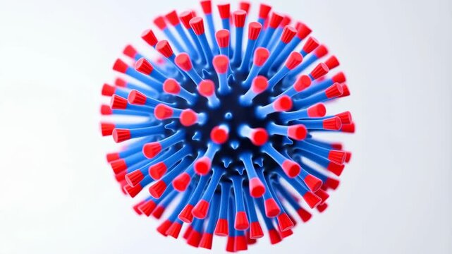 Virus 3D model with blue and red spikes on a white background cinematic animation featuring coronavirus, COVID-19, pandemic with illness and disease