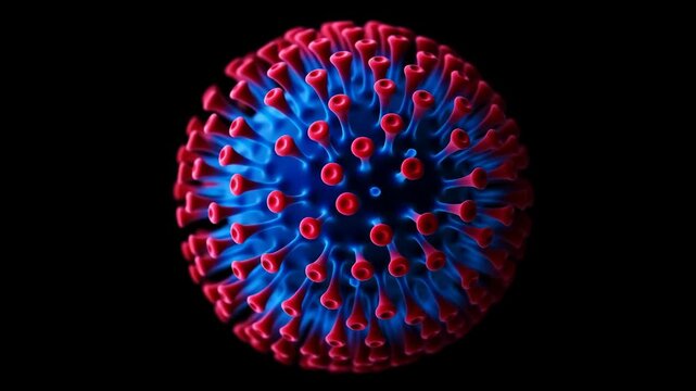 Virus 3D model with blue and red spiky surface on black background featuring coronavirus, microscopic, pandemic with disease and health elements for