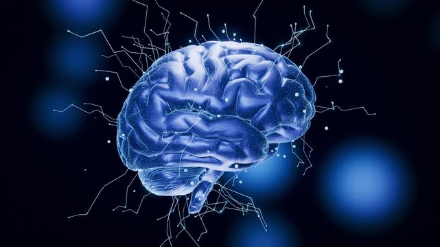 Futuristic Rotating 3D Brain with Neural Synapse Sparks in Dark Space