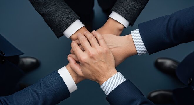 Four hands clasped together in a circle