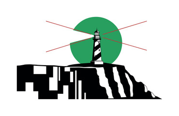 Obraz premium Black and white image of lighthouse standing on isolated island rock, oversized green circle behind suggesting protective maritime zone, thin red radial lines