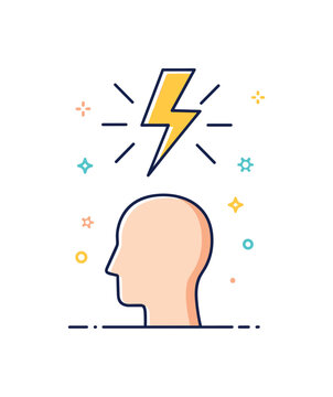 Shock of understanding illustrated by a lightning bolt striking above a calm head silhouette, expressing sudden awareness and powerful realization. A bold