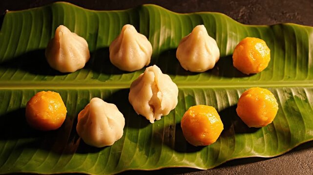 Sweet Modak and Motichoor Laddu Dessert Arrangement on a Green Banana Leaf with Dark Textured Background and Natural Lighting
