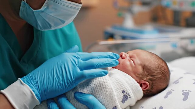 Healthcare Provider Gently Tends To Newborn In Hospital, Healthcare Practitioner Dressed In Scrubs Provides Cautious And Compassionate Care To Newborn Baby For Health Assessment