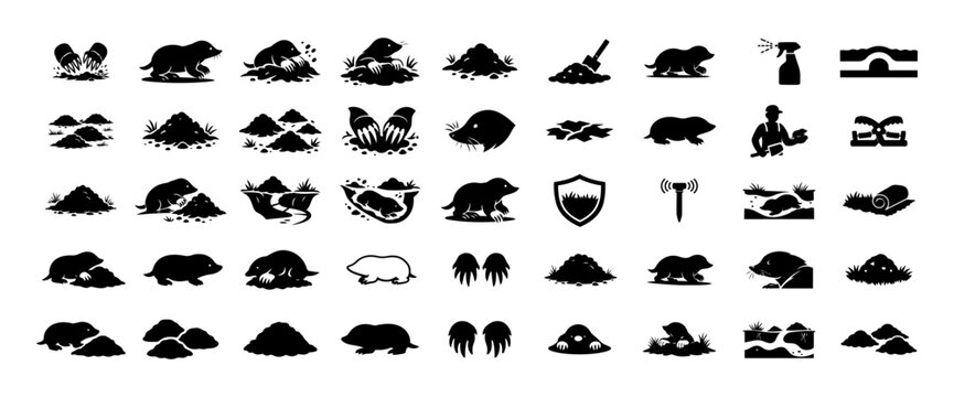 Mole Silhouette Icon Set, Molehill Garden Pest Control Symbols, Underground Animal Wildlife Vector Collection