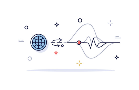 Wave particle duality illustration featuring a single photon icon transforming into a soft wave line, expressing the paradox of light behaving as both particle