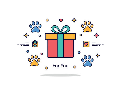 Pet appreciation day concept centered on a bright present box framed by paw print icons and subtle decorative dots, symbolizing gratitude and everyday love for