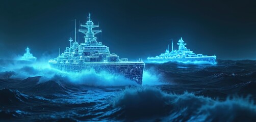 Fototapeta premium Futuristic ships glow blue navigating dark ocean waves. Digital wireframe vessels sail at night. Abstract concept of marine technology and future sea travel.