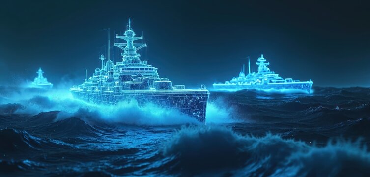 Futuristic ships glow blue navigating dark ocean waves. Digital wireframe vessels sail at night. Abstract concept of marine technology and future sea travel.