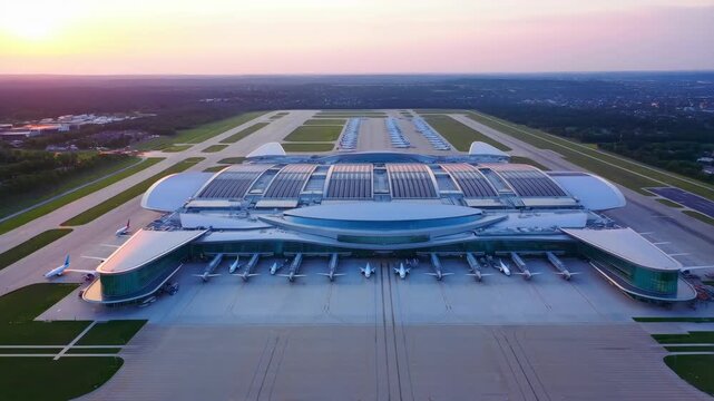 Airport terminal with modern architecture and runways at sunrise or sunset featuring aerial view, travel, transportation with aviation and flight