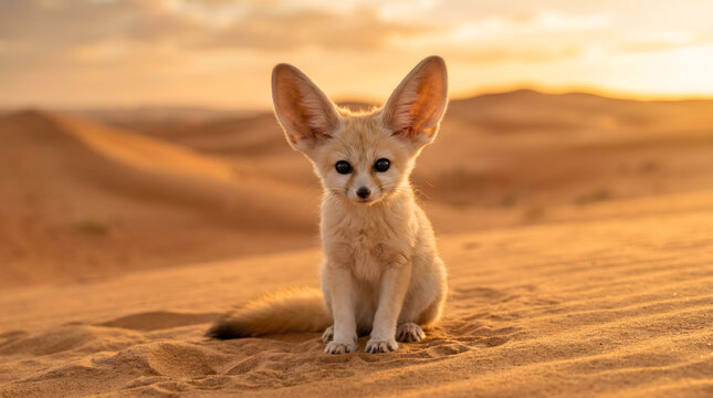 Fennec Fox Sitting in the Desert During a Warm Golden Sunset