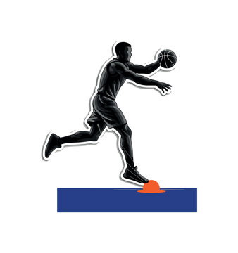 Black and white athlete bouncing ball before free throw, bold bright orange circular accent highlighting bounce point, deep cobalt rectangular platform