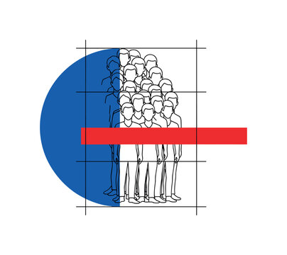 Black and white outline of multiple human figures merging into single bold shape representing class action unity, oversized cobalt blue semicircle intersected