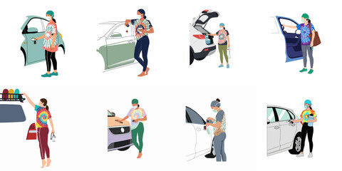 Fototapeta premium Set of Flat Illustrations Showing Female Healthcare Workers Wearing Protective Masks and Tie-Dye Shirts Near Their Cars During a Daily Commute