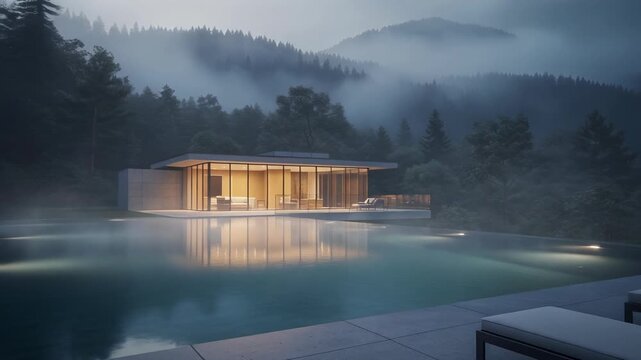 Modern luxury house with large glass windows near tranquil pool in foggy forested mountain landscape at dusk