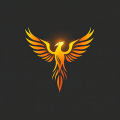Fototapeta premium Powerful phoenix silhouette with flaming orange and yellow wings spread wide on a black background.