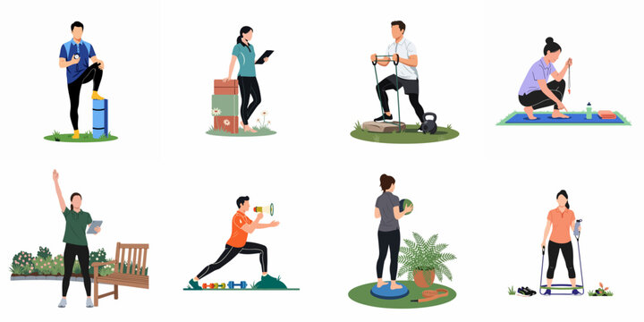 Set of flat vector illustrations featuring diverse personal trainers and fitness instructors conducting outdoor workout sessions with various exercise equipment.