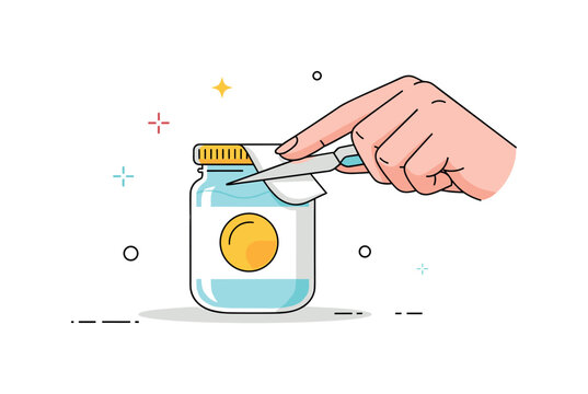 Person scraping the edge of a sticker off a jar with a fingernail, capturing focus, patience, and a simple domestic task. Minimalist flat vector illustration,