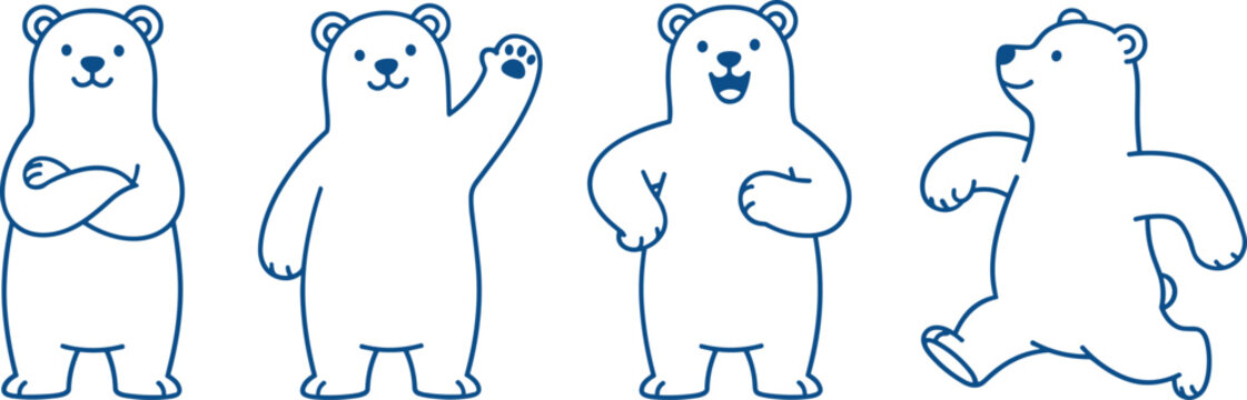 Friendly cartoon polar bear illustrations in multiple poses, standing, waving, smiling, and walking, outlined in blue, perfect for children&rsquo;s books, educational materials, and playful design projects.