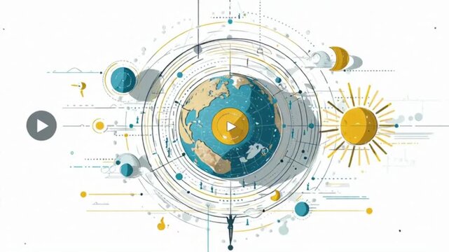 flat Earth concept diagram showing circular Earth surface surrounded by orbiting Sun and Moon elements, infographic arrows and subtle orbit lines explaining spatial relationships. C