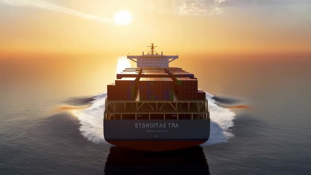 Ship cargo container with colorful stacked boxes on deck and wake in ocean during sunset featuring freight, logistics, transportation with sea and