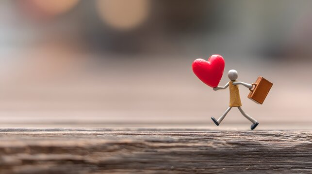 Business success motivation with miniature figure carrying red heart and briefcase, work life balance, career passion, love for job, emotional commitment, positive mindset and professional journey