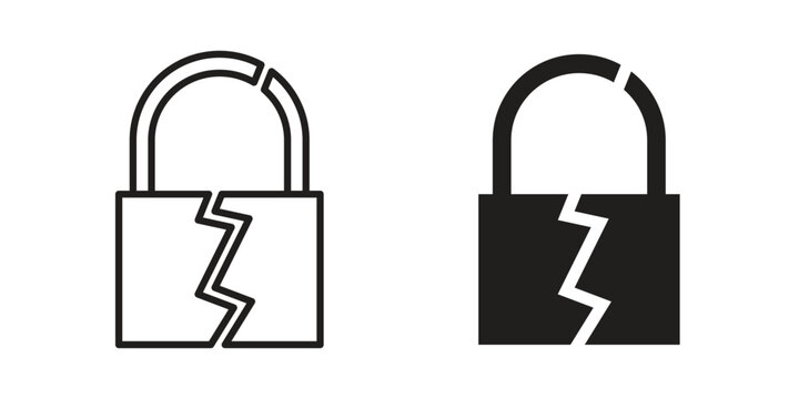 Broken lock icon Line Design Vector Illustration. Solid Black icons