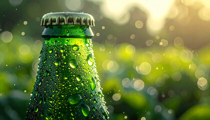 Close up of a green beer bottle with condensation and a blurred background