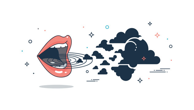 Echo in the void featuring an open mouth silhouette with concentric ripple lines dissolving into dark cloud shapes, symbolizing sound disappearing into