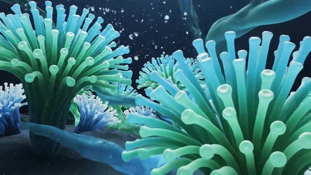 Glowing blue green abstract fibers interact with crystal structures