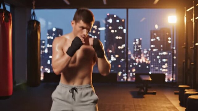 Boxer training in a gym with city lights in the background.