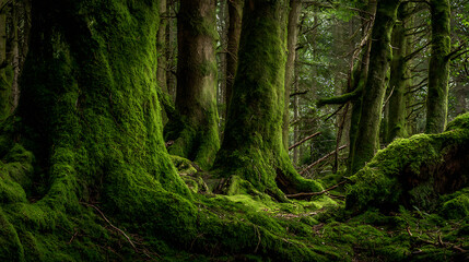 Obraz premium Enchanting Woodland Scene: Ancient Moss-Covered Trees in a Lush, Green Forest with a Mystical and Serene Atmosphere, Ideal for Nature Themes