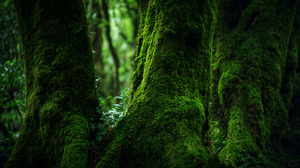 Fototapeta premium Ancient Forest Roots with Lush Green Moss Cover, Deep in a Mystical Woodland, Nature's Serenity, Tranquil Growth and Organic Patterns