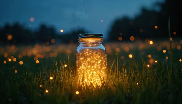 Glass jar filled with bright fireflies glows in dark grassy field at twilight. Many glowing insects fly around the meadow creating magical bokeh light effect.