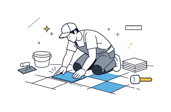Floor installation. A tiler carefully placing floor tiles on a clean surface, focused and precise work in progress. Calm professional atmosphere with subtle