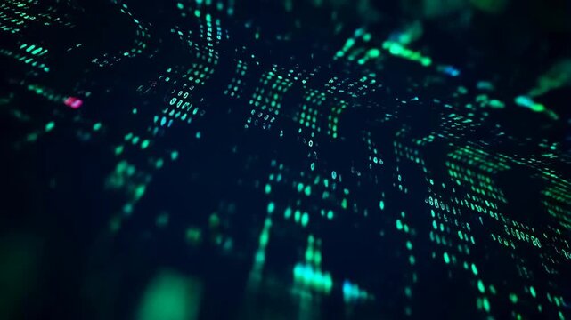 Computer code line with abstract cinematic closeup and digital data flow featuring technology, coding, programming with software and development