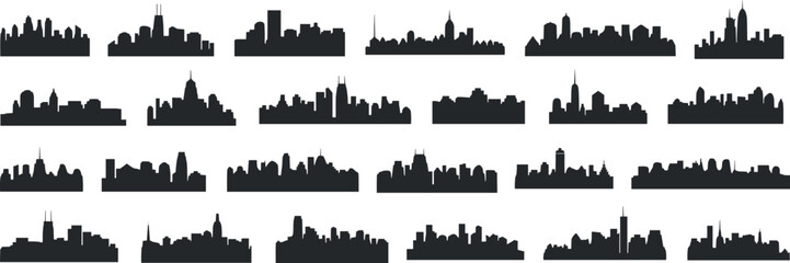 Obraz premium Urban city skyline silhouettes collection isolated on white background, modern architecture buildings set featuring diverse skylines for travel, design and branding use