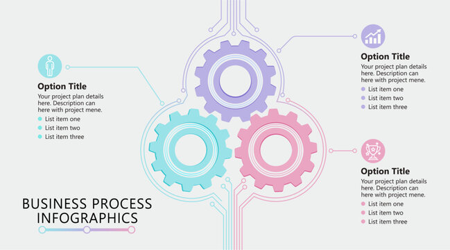 Modern vector infographic with gear-based process layout, clean design, and editable elements for business presentations and workflow visualization