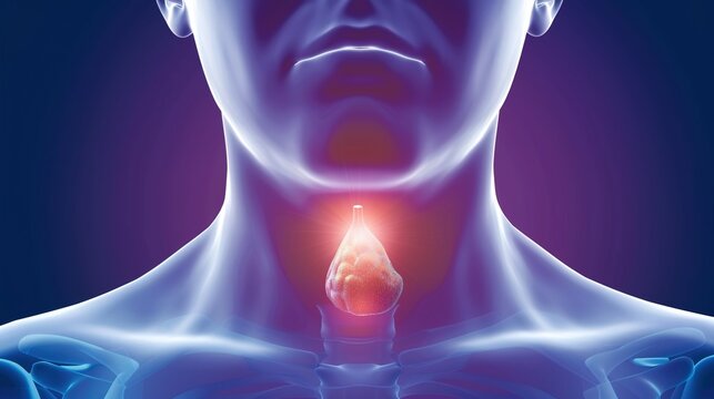 Medical illustration of Thyroid Cancer, a malignant tumor arising from thyroid tissue in the neck, with common types including papillary, follicular, medullary and anaplastic thyroid cancer. 
