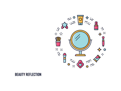 Beauty reflection badge concept featuring a mirror icon encircled by small cosmetic tool symbols arranged harmoniously, expressing holistic self care and