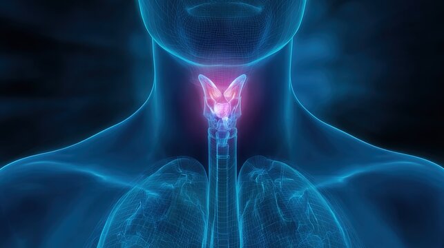 Medical illustration of Thyroid Cancer, a malignant tumor arising from thyroid tissue in the neck, with common types including papillary, follicular, medullary and anaplastic thyroid cancer. 