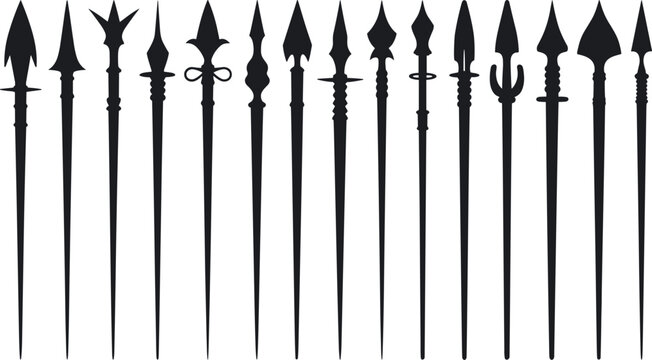 Ancient spear and arrowhead silhouettes collection isolated on white background, tribal weapon set with different shapes and historical design elements